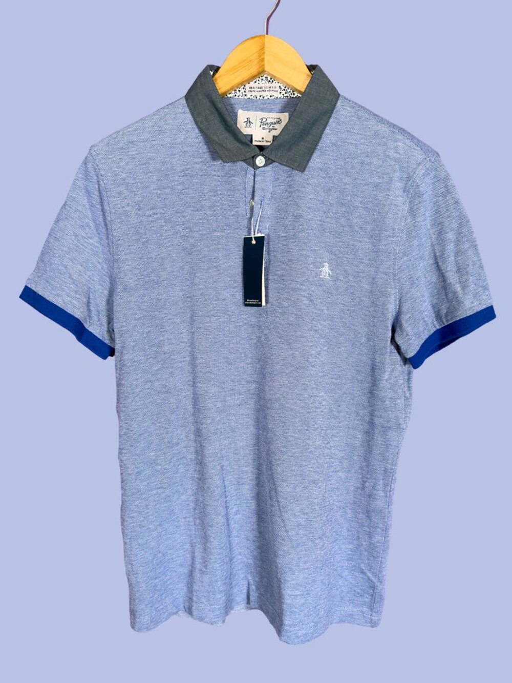 Original Penguin Heritage Slim Fit Blue Marled Polo Shirt Men's Medium NWT